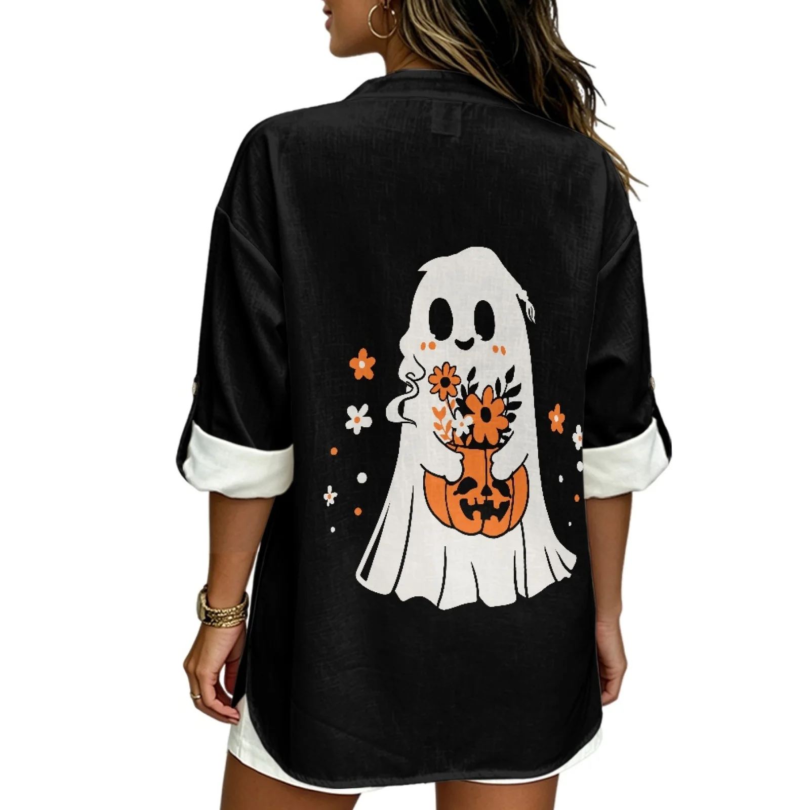 PENSTROLL Ghost Pumpkin Linen Like Notch V Neck Blouses Side Slit Causal Shirt for Beach Sizes S-5XL