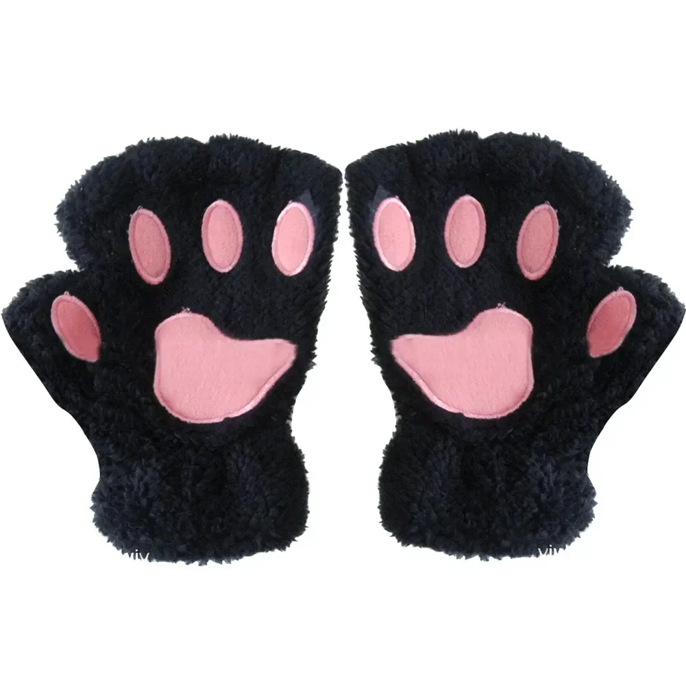 Gants sans doigts en forme de patte d\'animal pour femme, mitaines, griffe, demi-doigt, ours moelleux, chat, peluche, chaud, hiver