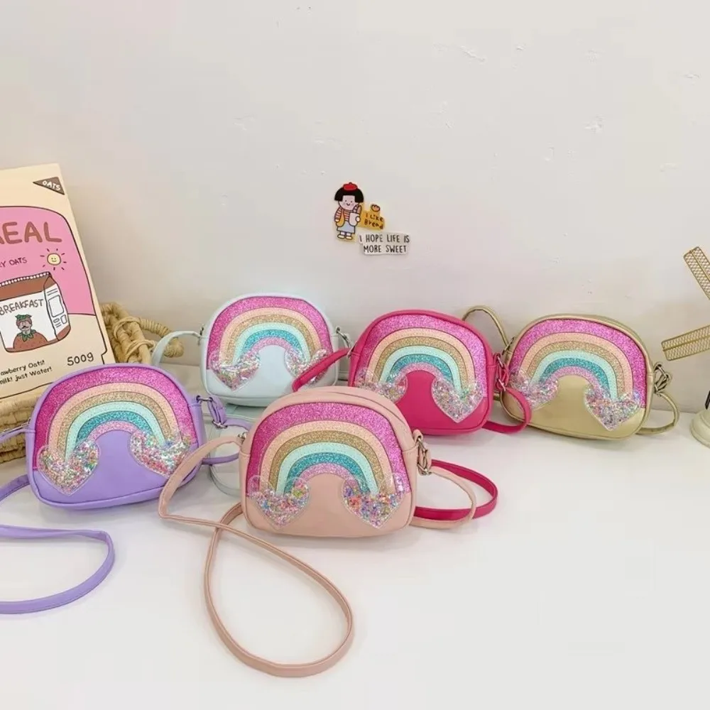 Casual PU Leather Shoulder Bags Sequins Print Rainbow Heart Coin Purse Clutch Style Portable Children Purse For Girls