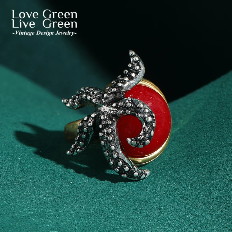 

Vintage Red Agate Starfish Rings Elegant Gold Color For Woman Accessories Luxury Jewelry Trends 2025 High Quality Thanksgiving