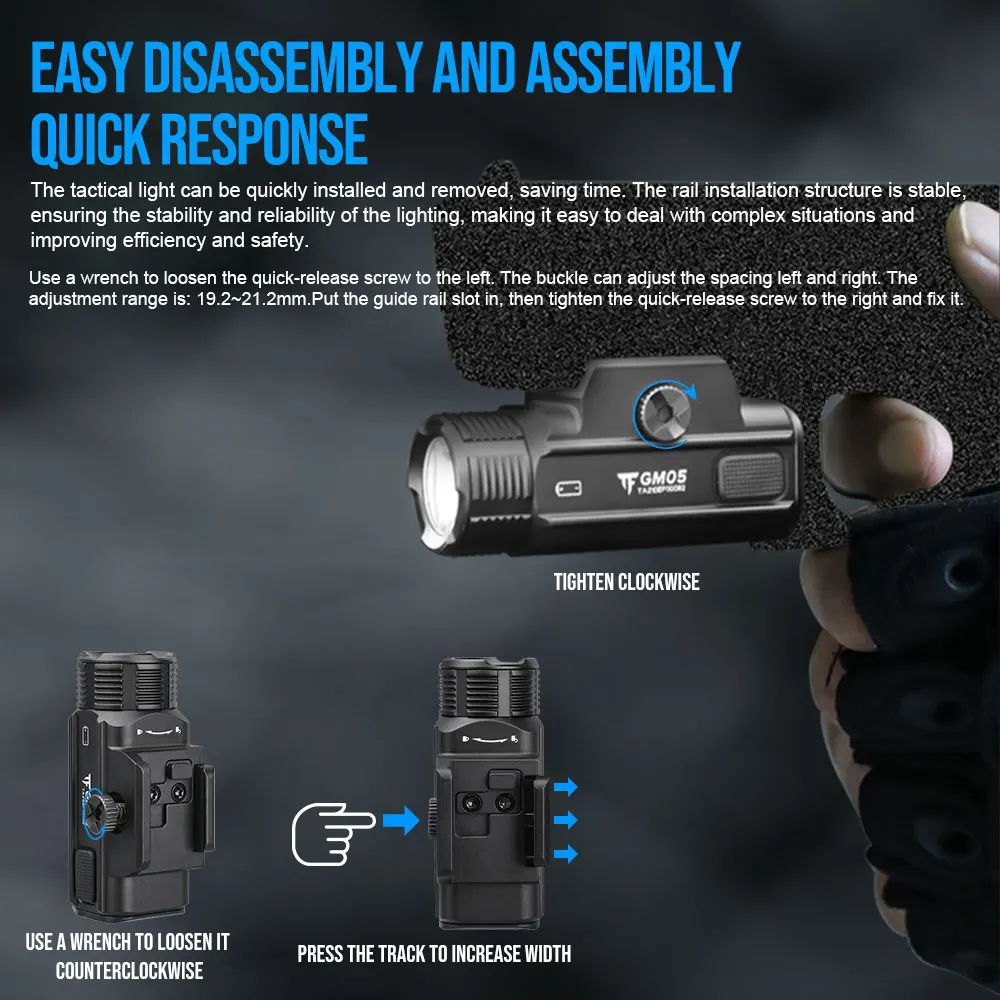 Trustfire GM05 Tactical Flashlights Compact Quick Release 1050Lumen LED Torch USB 16340 IP65 for Common Use Weapon Pistol Lights