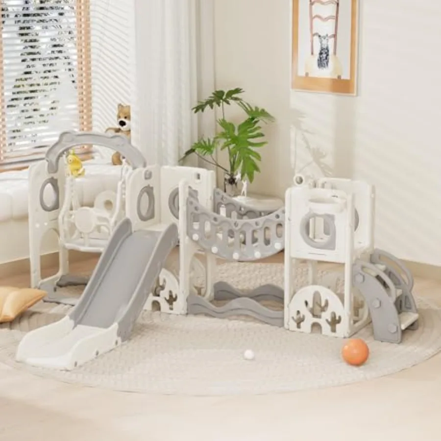 Juego de Columpios y Tobogán 11 en 1 para Niños Pequeños, Tobogán para Niños Pequeños, Parque Infantil Interior y Exterior para Niños de 1 a 3 Años, Juego Infantil con Canasta de Baloncesto