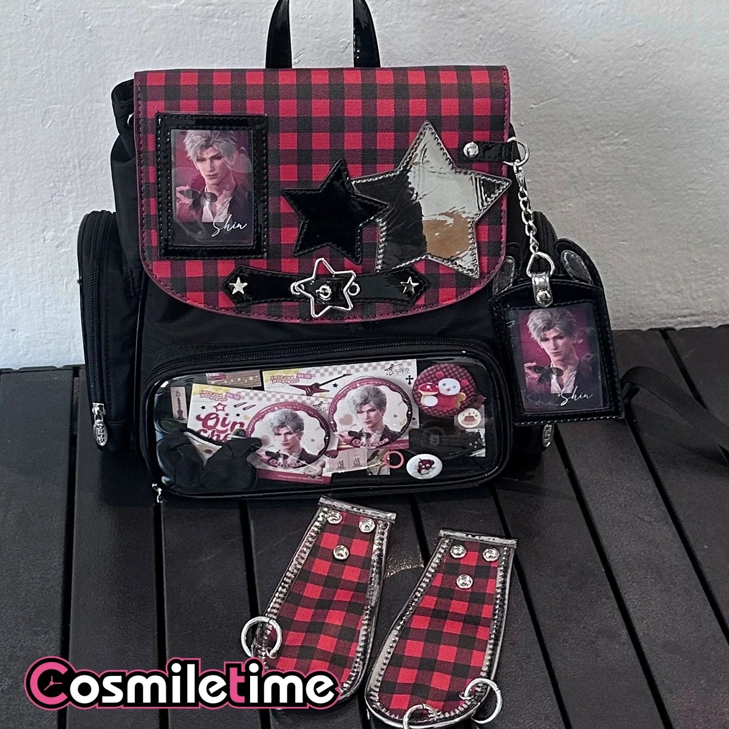 Kawaii Blue Plaid Star Ita Backpack Clear Photo Window Idol Badge Pin Display Shoulder Bag Anime Collectible Photo Card Bag YZ