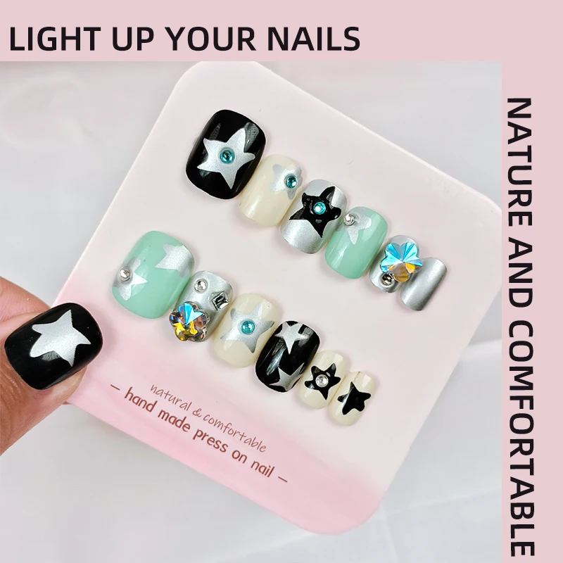 

Colorful Star Hand-Painted Handmade Press on Nails Wearable Nail Art, Black Silver Diamond Pearl Cartoon Cute Nail Art