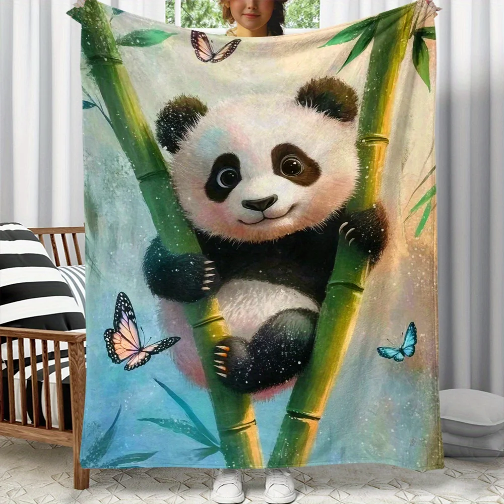 Panda holding bamboo butterfly background cute animal flannel blanket soft cozy children's blanket gift for kids nursery decor