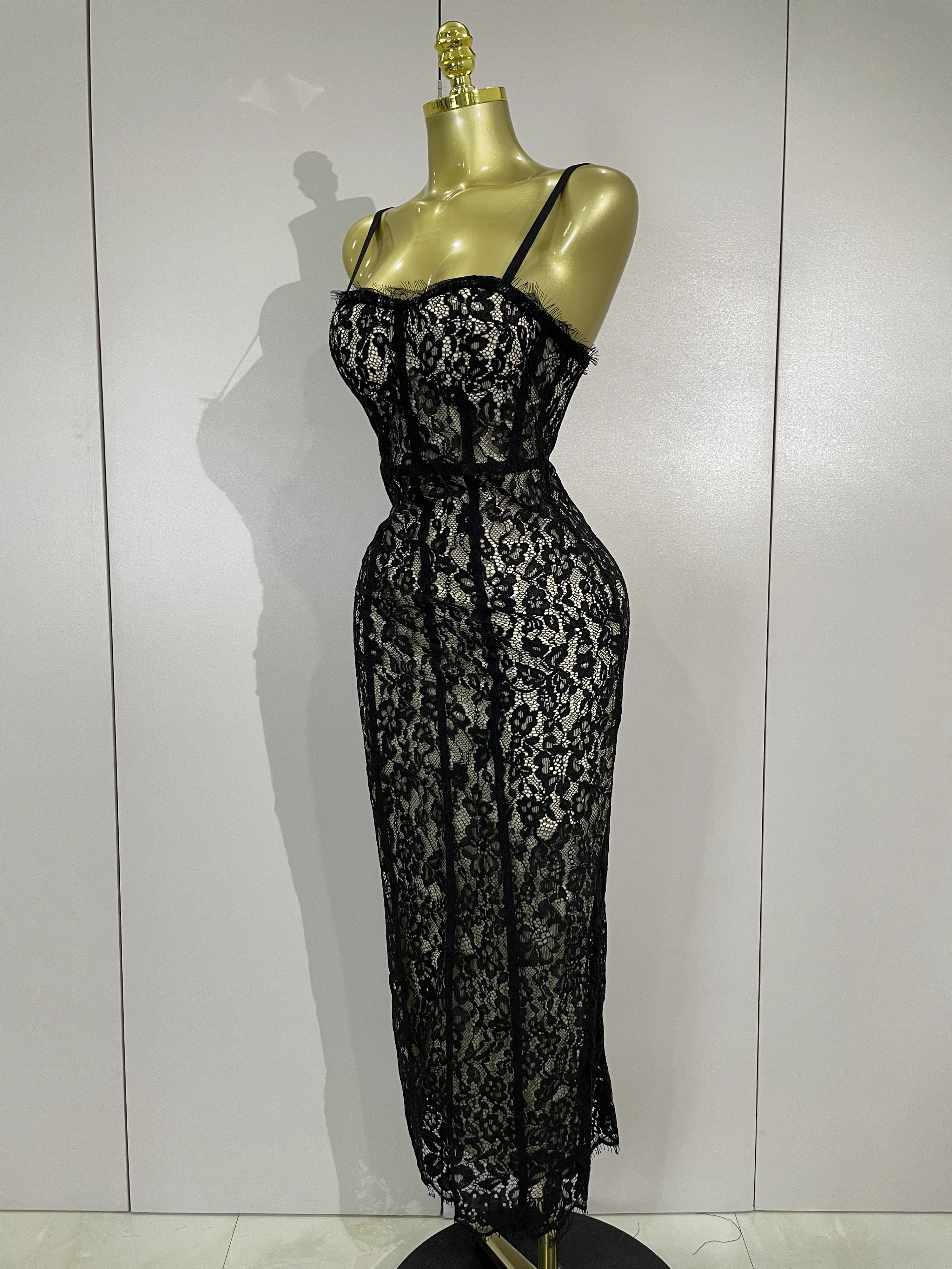 Sexy Black Lace Sleeveless Bodycon Long Dress Nightclub Party Women Celebrate Birthday Evening Party Wedding Guest Prom Gowns