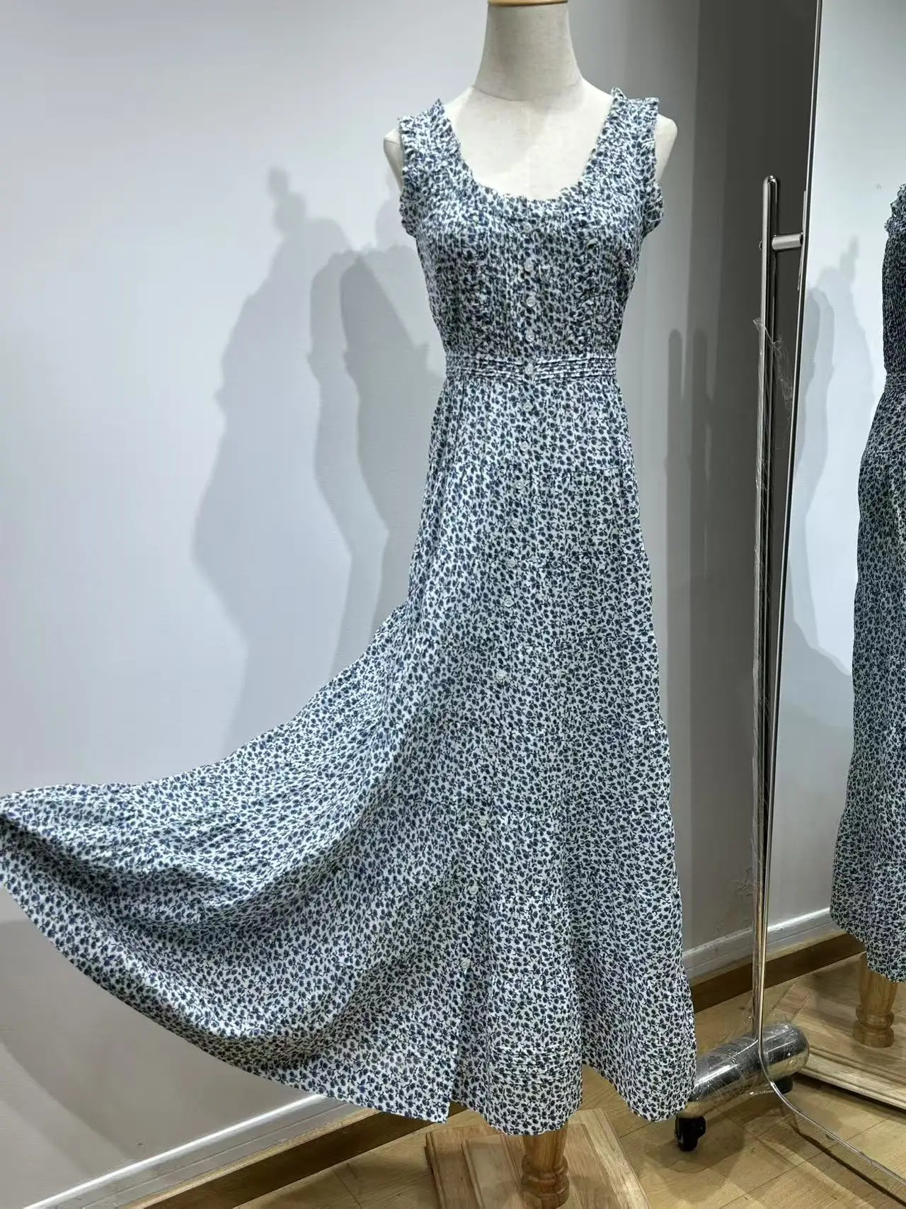 Vestido largo sin mangas con cuello redondo y estampado de flores retro de algodón para mujer