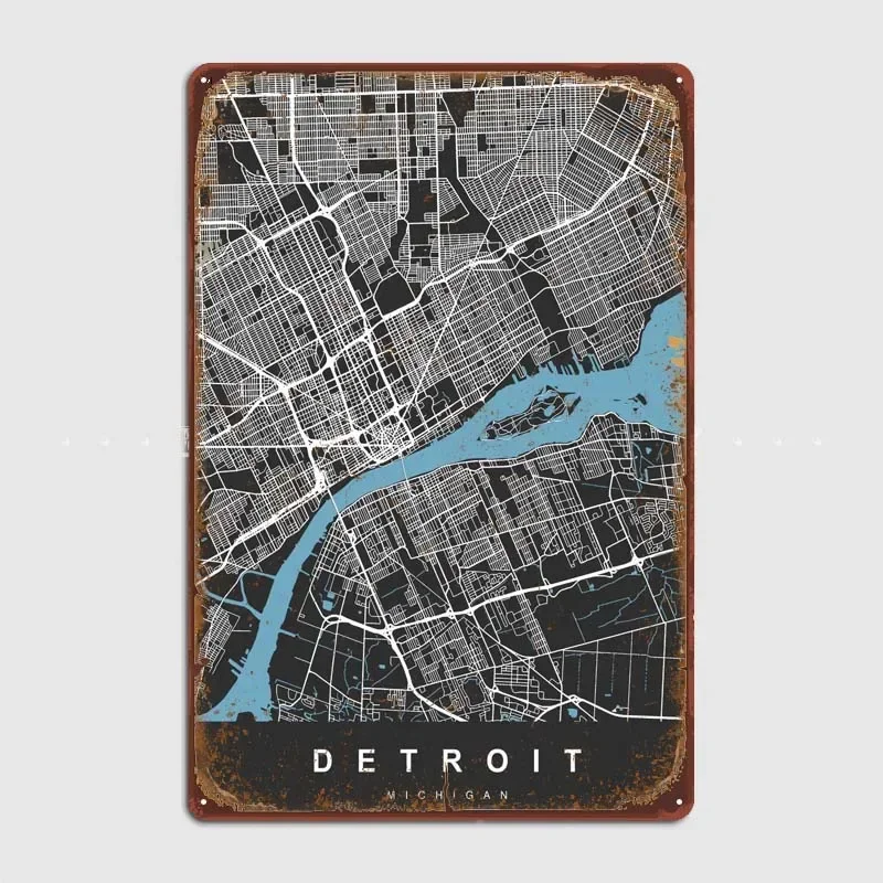 Map Detroit Michigan Black Room Decor Vintage Metal Tin Signs for Coffee Bar Garage Game Room Wall Art Decoration Art of Murals