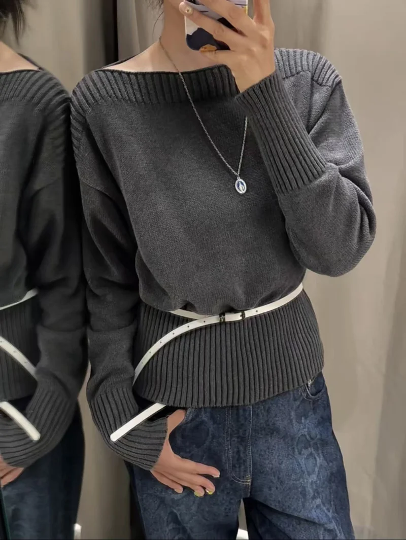 Etj outono 2025 nova moda feminina cor sólida gola solta manga longa malha design elegante sentir camisola