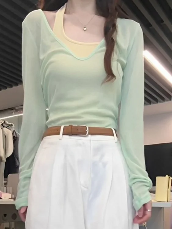 Camiseta interior de manga larga verde menta para mujer, talla grande, diseño de cuello halter, fina, para primavera y otoño, cómoda y transpirable.