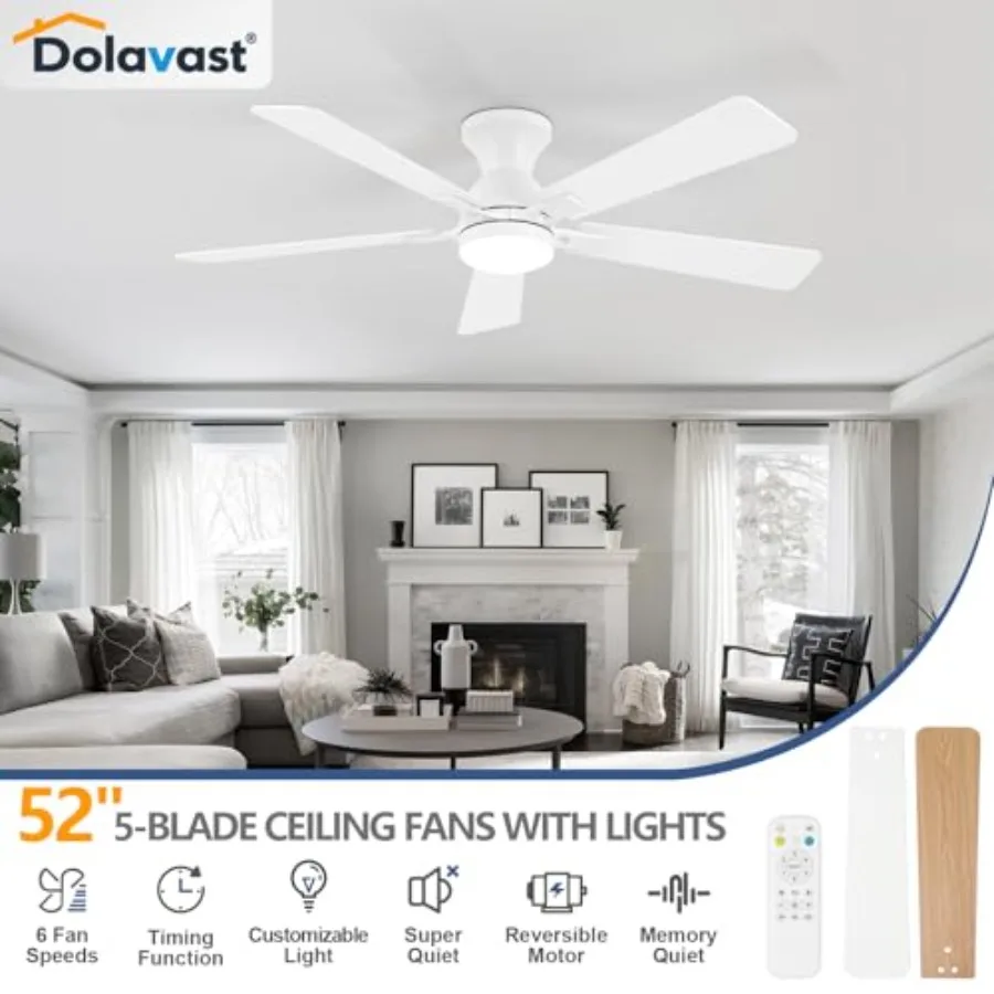 Bedroom and kitchen ceiling fan with light: 52-inch white low-profile reversible fandelier, dimmable LED, flush mount, quiet DC