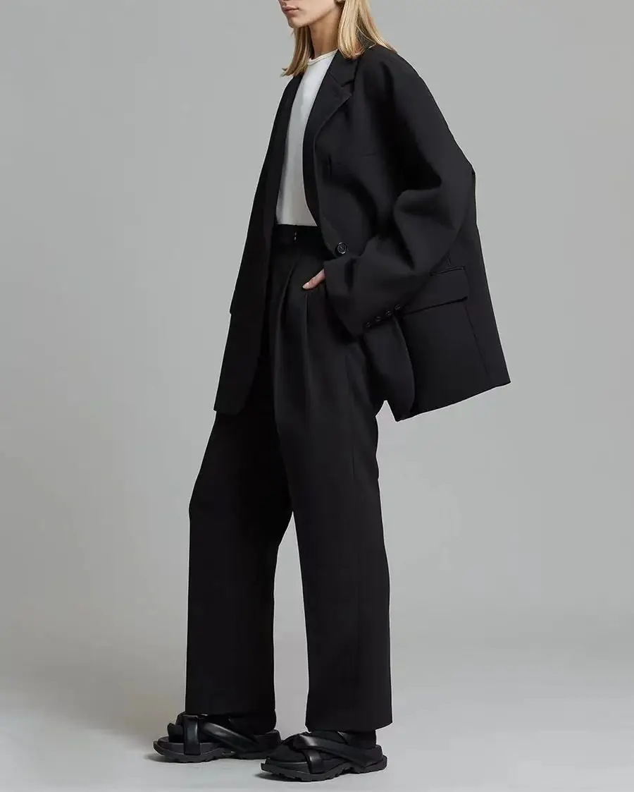 

women's blazers 2024 Classic Black Silhouette Loose Suit Coat Boyfriend Suit Jacket Or Ladies Straight Trousers