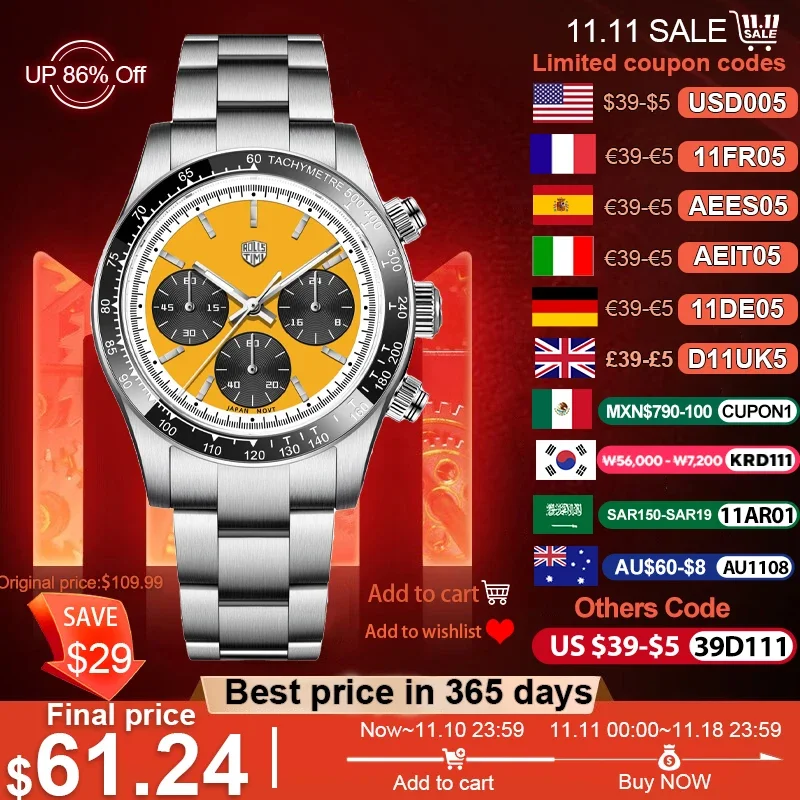 Rollstimi Retro Sport Chronograph Luxury Quartz Watch For Men VK63 Movt Stainless steel 100M Waterproof Watch For PAGANI DESIGN