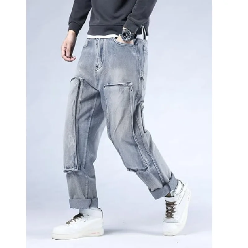 Man Pants Light Blue Washed Relaxed Fit Vintage Stylish Denim Trousers Men's Jeans Retro Loose Comfort
