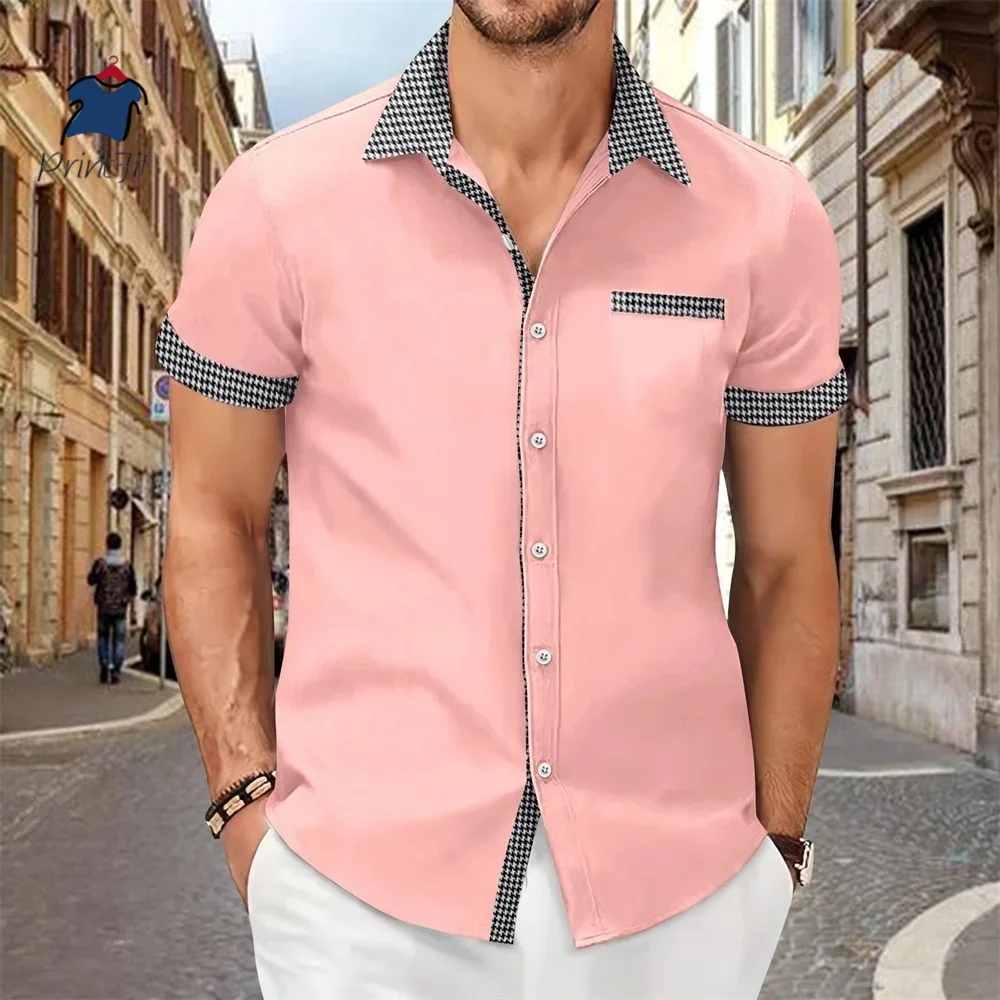 Men Cotton Linen Plaid Blouse Shirts Summer Spring Turn Down Collar Buttonshort sleeve Office Man Workwear Top Men's shirts