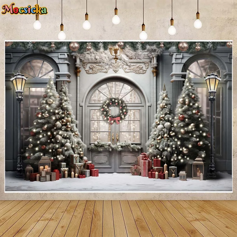 

Mocsicka Winter Christmas Backdrop Snow Xmas Tree European House Girl Princess Portrait Photo Background Studio Photoshoot Props