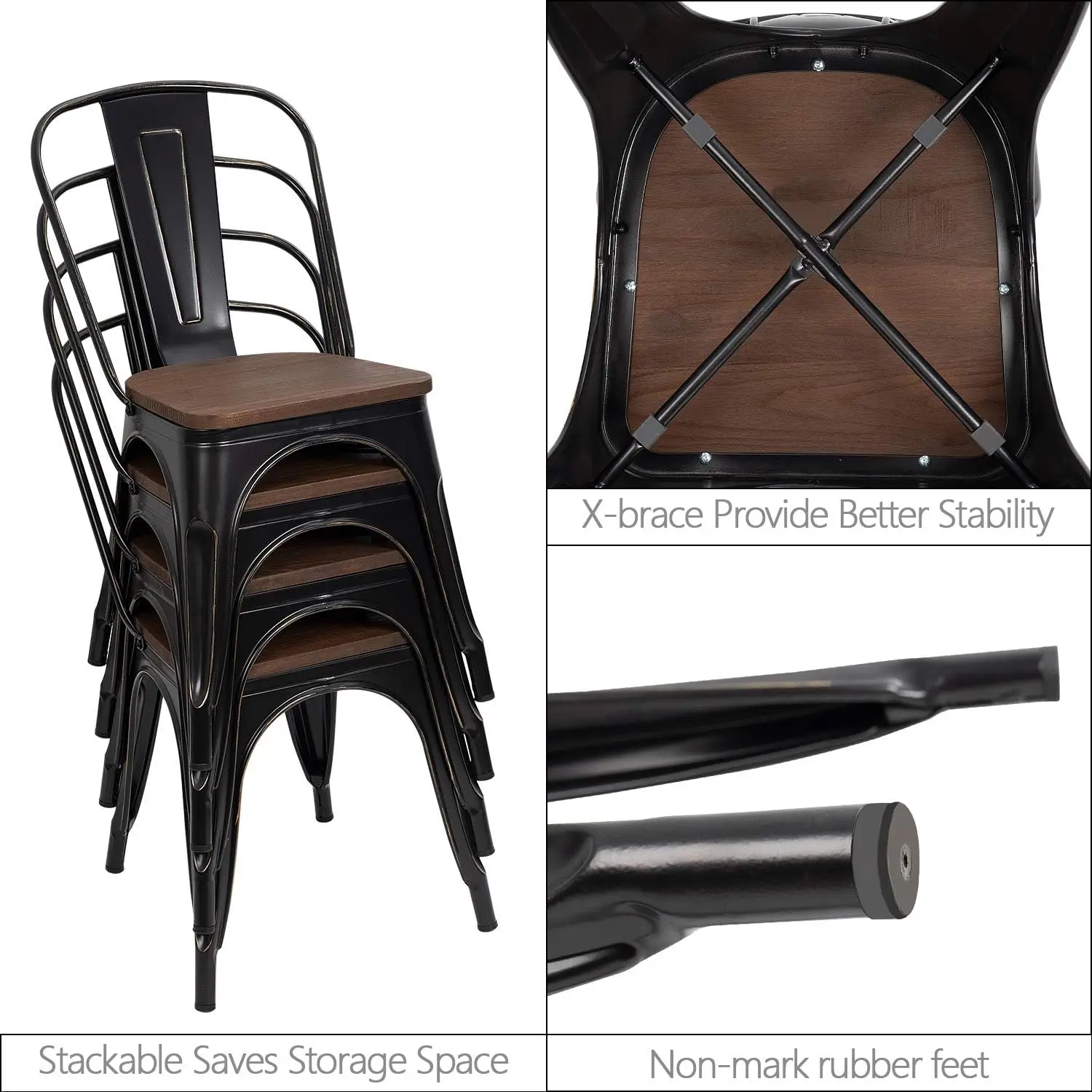 Metal Dining Chairs with Wood Seat, Indoor-Outdoor Use Stackable Chic Dining Bistro Cafe Side Metal Chairs Set