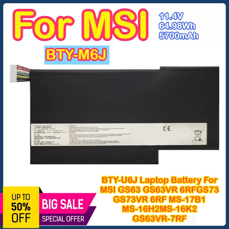 

BTY-M6J Аккумулятор для ноутбука MSI GS63VR GS73VR 6RF-001US BP-16K1-31 9N793J200 Планшетный ПК MS-17B1 16K2
