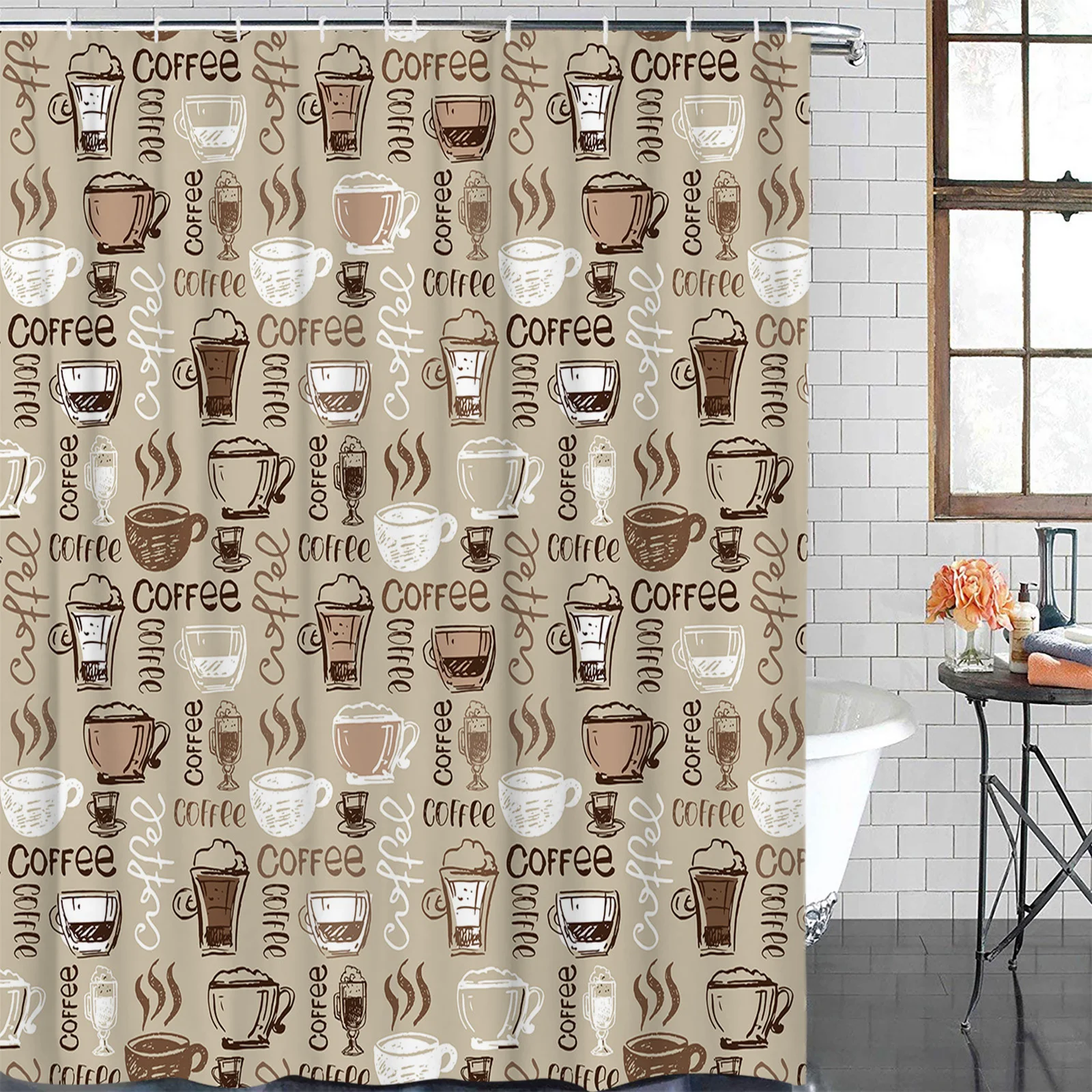 Coffee Coffee Beans Coffee Cup Waterproof Bathroom Decoration Shower Curtain Printed Bathtub Curtains Bathroom Accessories