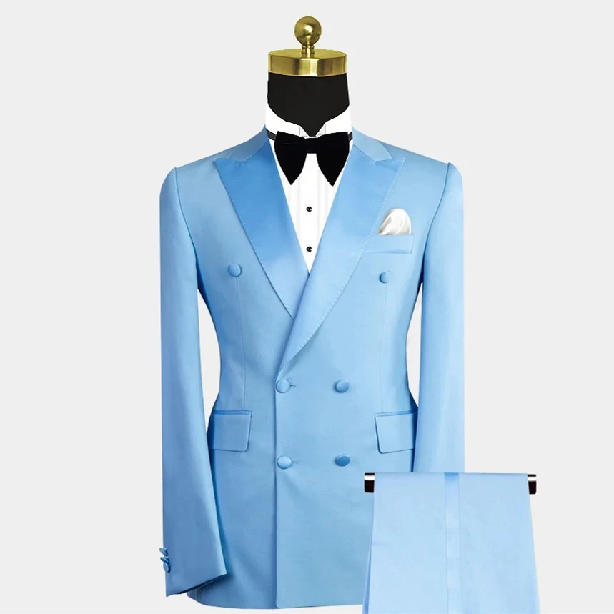 Formal Blue Luxury Men Suits Double Breasted Peak Lapel Blazer Wedding Prom Party Tailor 2 Piece Jacket Pants Set Outfits Terno