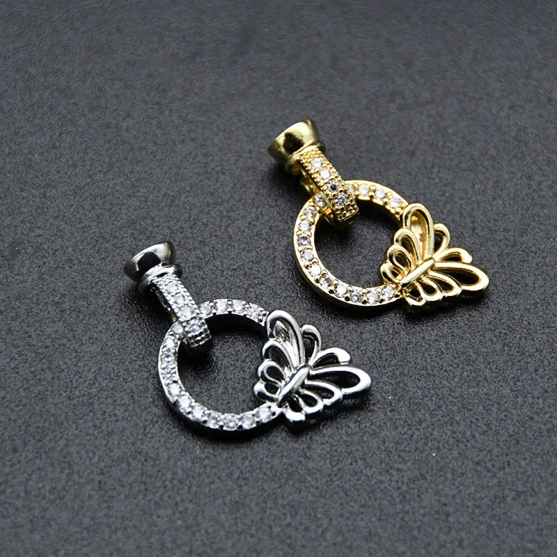 Unique Design Silver Gold Plated CZ Paved Big Size Hollow Butterfly Round Spring Clasps for Jewelry Making