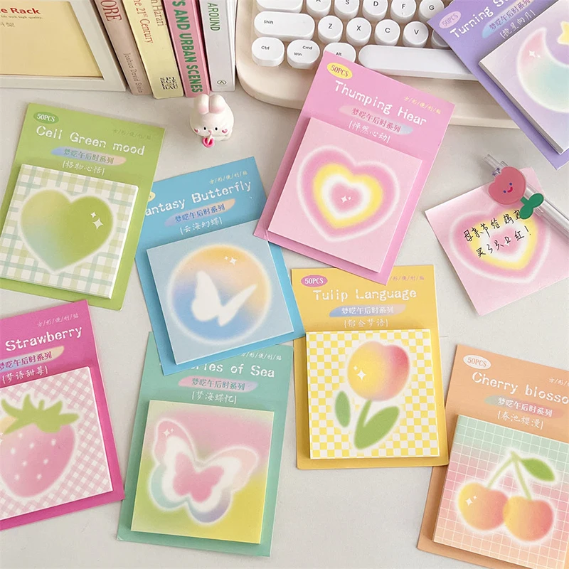 50Pcs Cute Gradient Flower Love Sticky Notes Decoration Butterfly Memo Pad Message Notes Paper Notepad Stationery