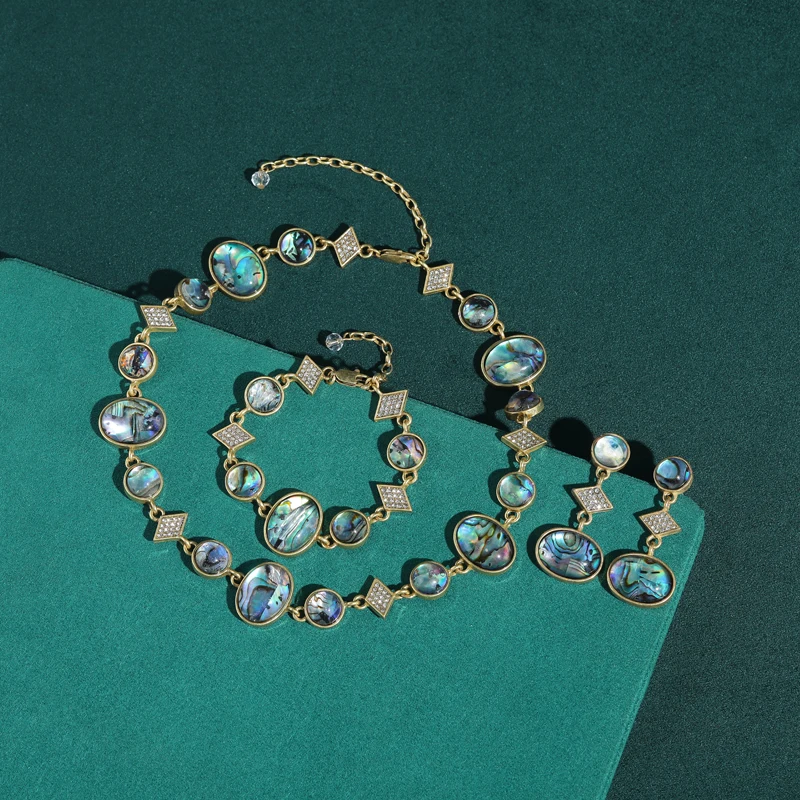 Vintage Abalone Shell Colorful Geometric Jewelry Sets Necklace Bracelet Earrings 18k Gold Color High Quality Gifts For Women