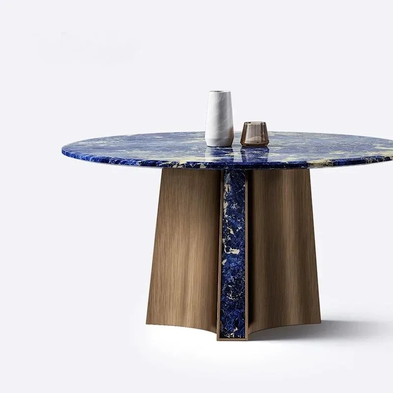 Natural luxury stone round dining table large flat-floor villa restaurant light luxury marble dining table