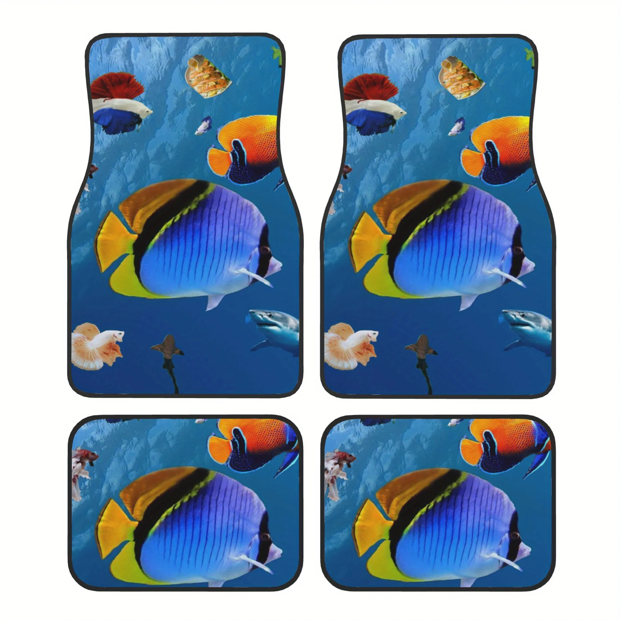 4pcs Large Group Of Tropical Fish Swimming In The Blue Water Pattern Universal Car Floor Mats - Polyester Material, Non-Slip Lin