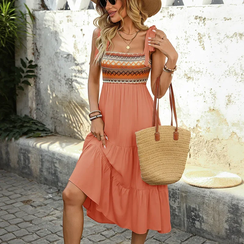 Long Dress Sexy A-list Spliced Ethnic Style Dress Women 2025 New Summer Boho Dresses m
