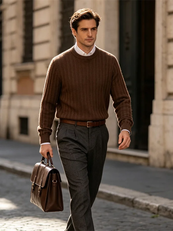 Italian Style Minimalist Knitted Men's Fashionable High-end Sweater Vertical Stripe New Autumn Winter round Neck Long Sleeve