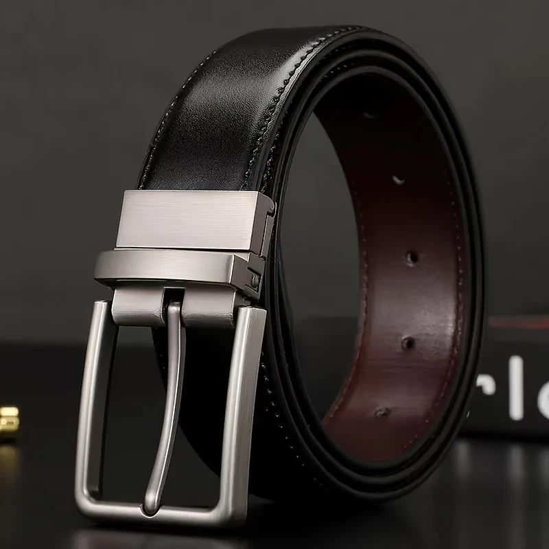 A Men's Leather Belt, Double-Sided, with a Rotatable Alloy Buckle. A Double-Color Belt, Brown/Black. The Rotating Buckle Can Be