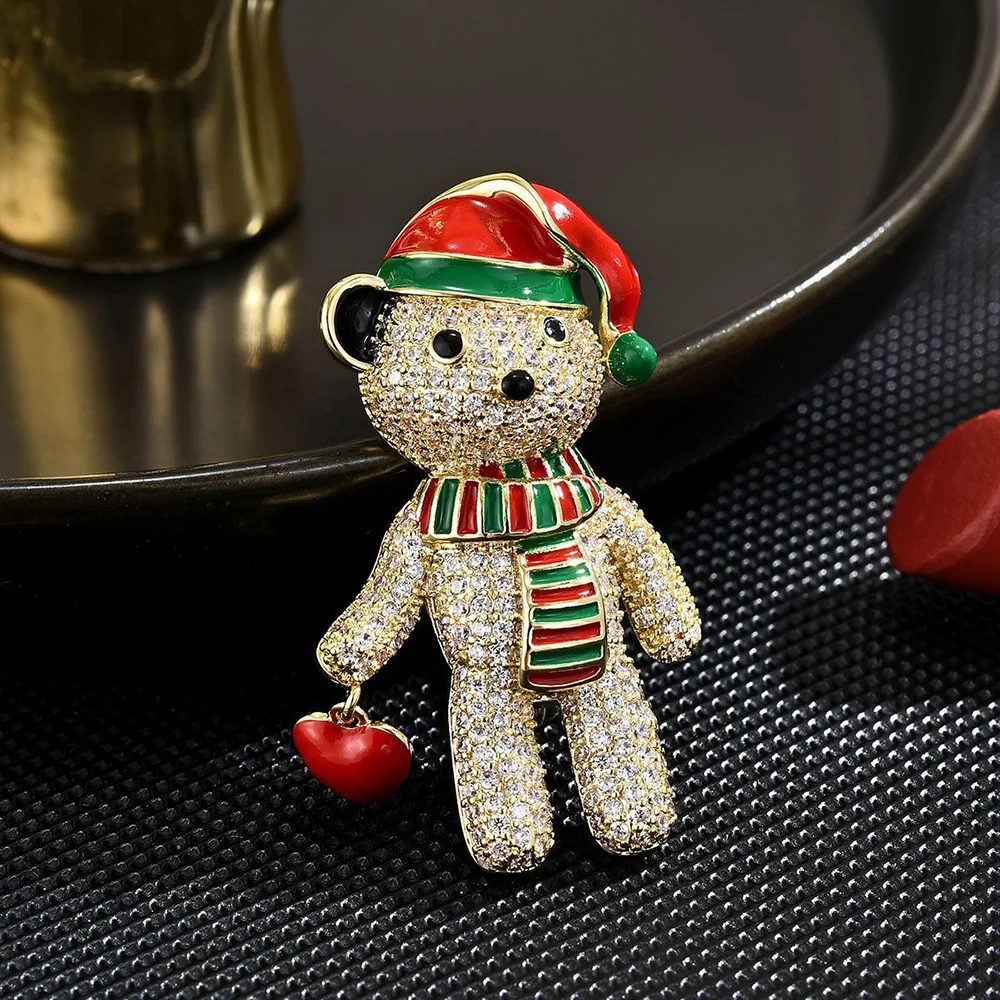 Luxurious Exquisite Design Fully Set Zirconia Cute Little Bear Brooch Copper Plated With Real Gold Christmas Gift Jewelry Brooch