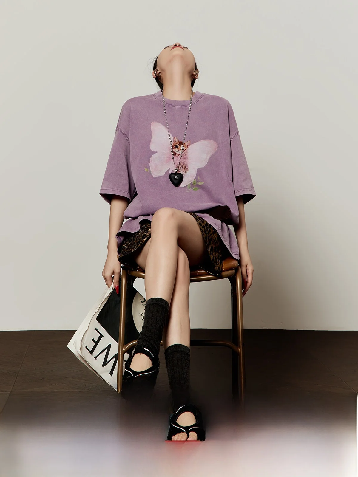 

Xiang Nu Warmth Printed Short Sleeve T-Shirt Women's Loose Fit Vintage Purple Top Casual Style round Neck Pat...