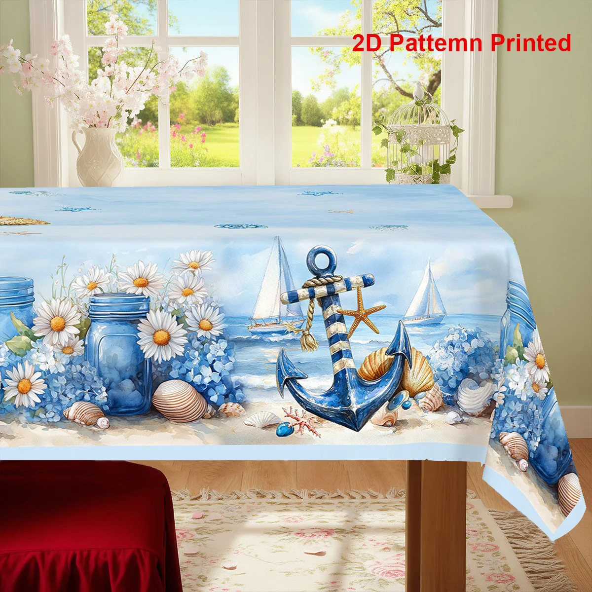 Tablecloth 1pc of Tablecloth with Ocean Anchor Shell Pattern, Fresh Seaside Style, Suitable for Summer Vacation Atmosphere, Easy
