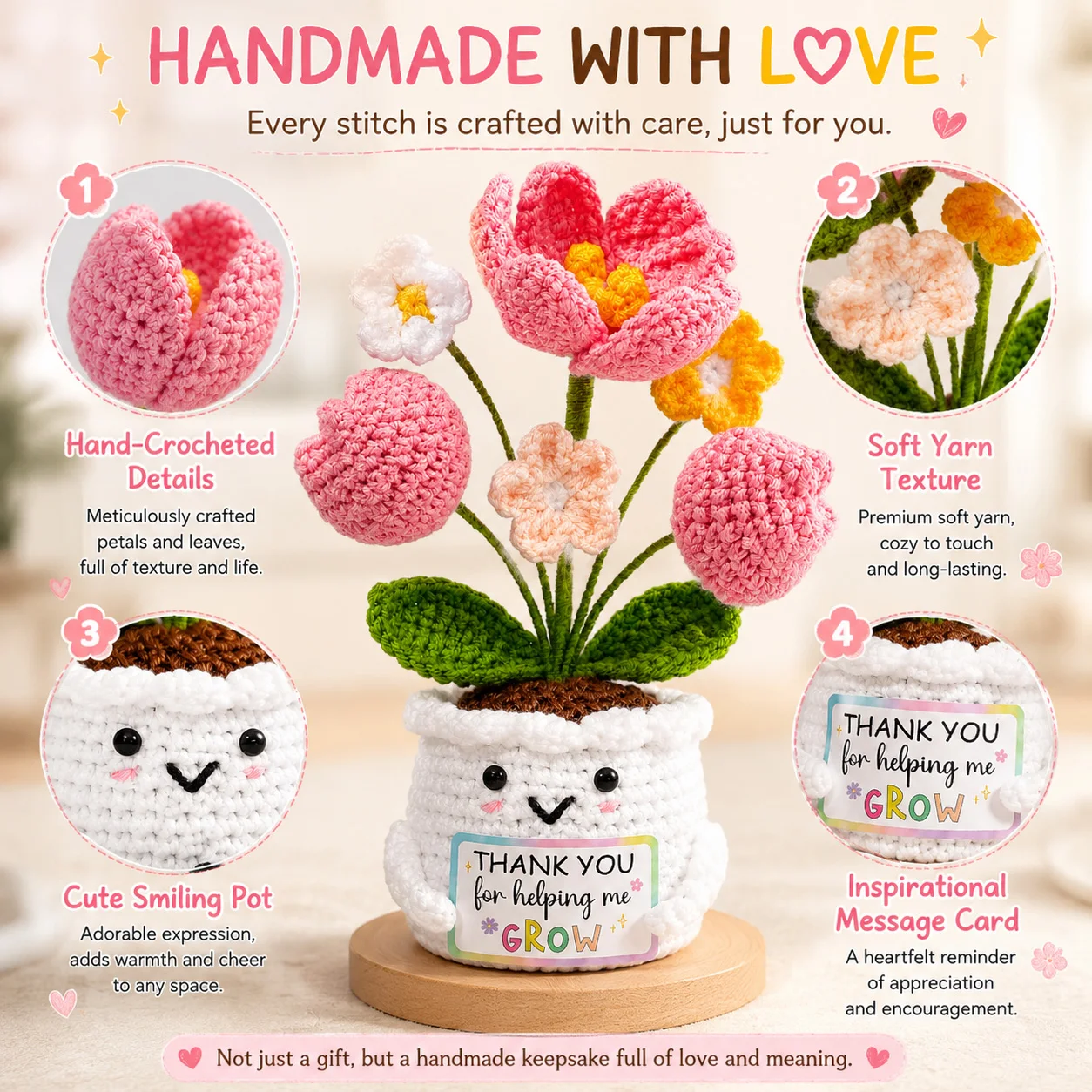 Crochet Tulip Flower Pot Handmade Knitted Flower Desk Decor Thank You Gift for Teacher Mom Friend Home Decoration