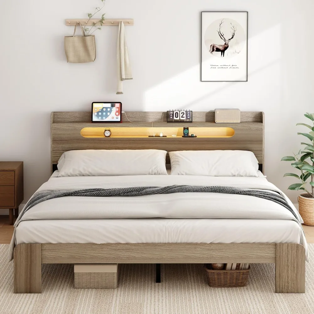 Wooden Bed Frame King Size with Headboard, Rustic Framhouse Platform Bedframe with Wood Slat Support, Sturdy and No Noise
