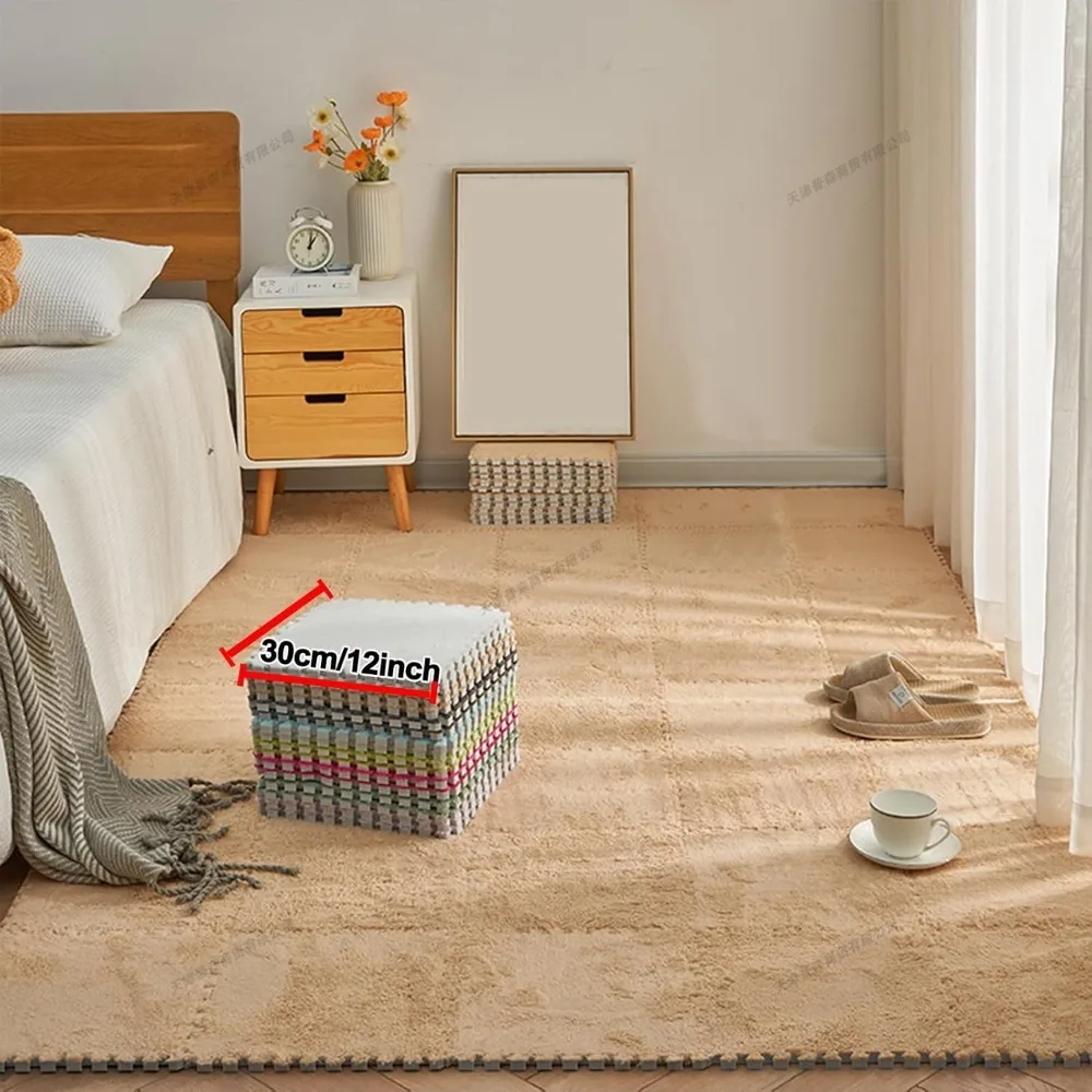 

Plush Puzzle Foam Floor Mat Baby Play Mat Cute Soft Fluffy Interlocking Square Foam Tiles Area Rugs Carpet for Parlor Bedroom