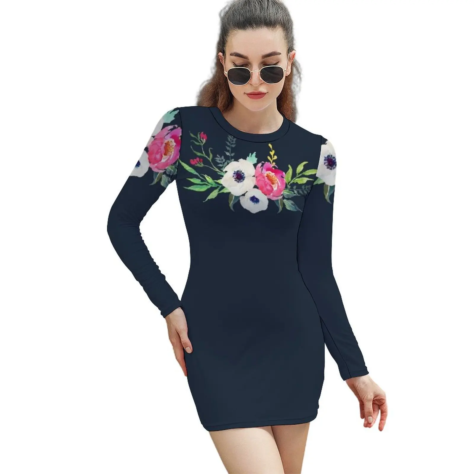 

Anemone Peony Watercolor Bouquet Long-Sleeved Sheath Dress Dress vintage Dresses gala Women's summer long dress