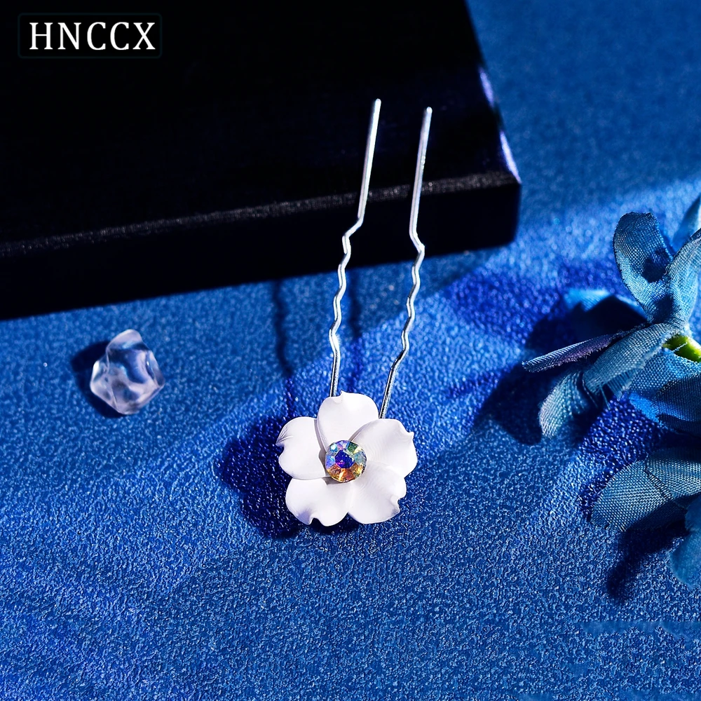 HNCCX Handmade White Color Ceramic Flower Bridal Hair Pins Colorful Rhinestone Women Wedding Hair Accessories Jewelry CP774