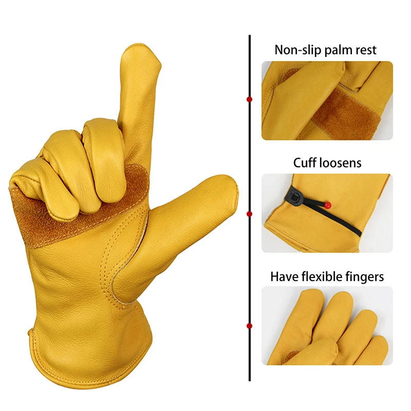 1Pair Yellow Cowhide Heavy Duty Safety Protective Driver Working Welding Stretchable Mechanic Glove Leather Work Gloves For Men