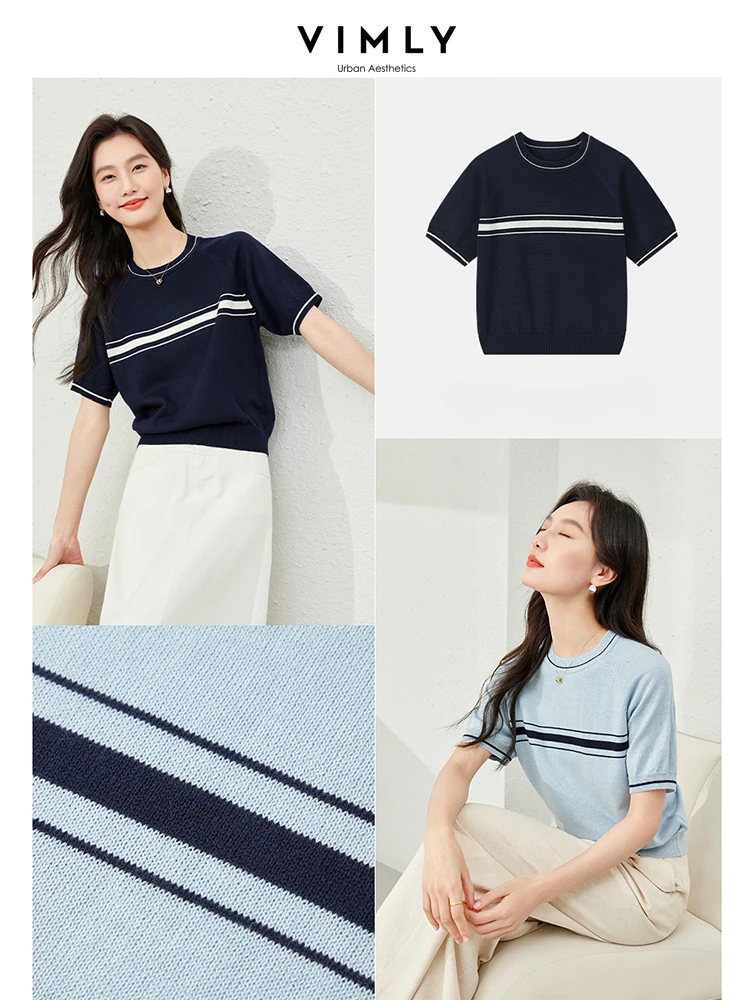 Vimly Contrast Striped Short Sleeve T-shirts Woman 2024 Summer High Strecth Simple Soft Knitted Pullovers Female Knitwear 72898