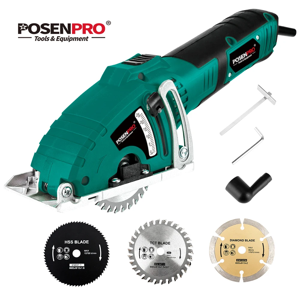POSENPRO Electric Mini Circular Saw 700W Hand Tool Cutting Wood Metal Saw Parallel Guide Attachment Tools 3pcs Blades