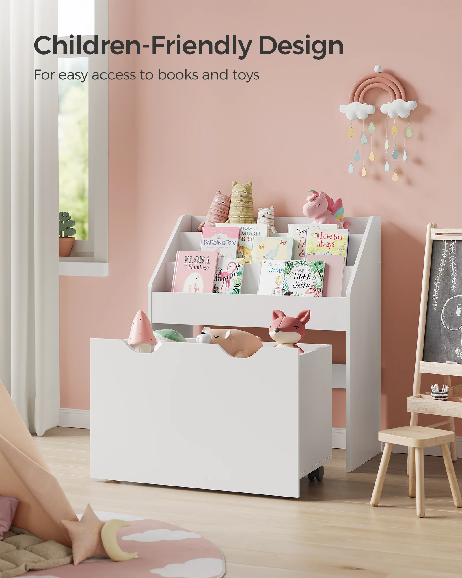 Bly GMICS-bibliothèque pour enfants, coffre de rangement à jouets et bibliothèque avec 3 étagères, boîte de rangement à roulettes, polyvalent