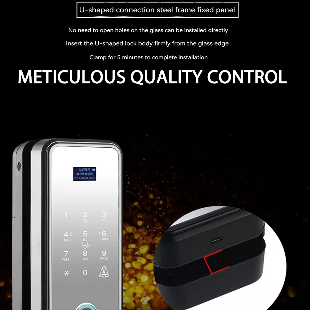 Electronic Digital Lock Fingerprint Glass Door Lock Bluetooth HAHA-Lock App Passcode IC Card Keyless Smart Phone Attendance Lock