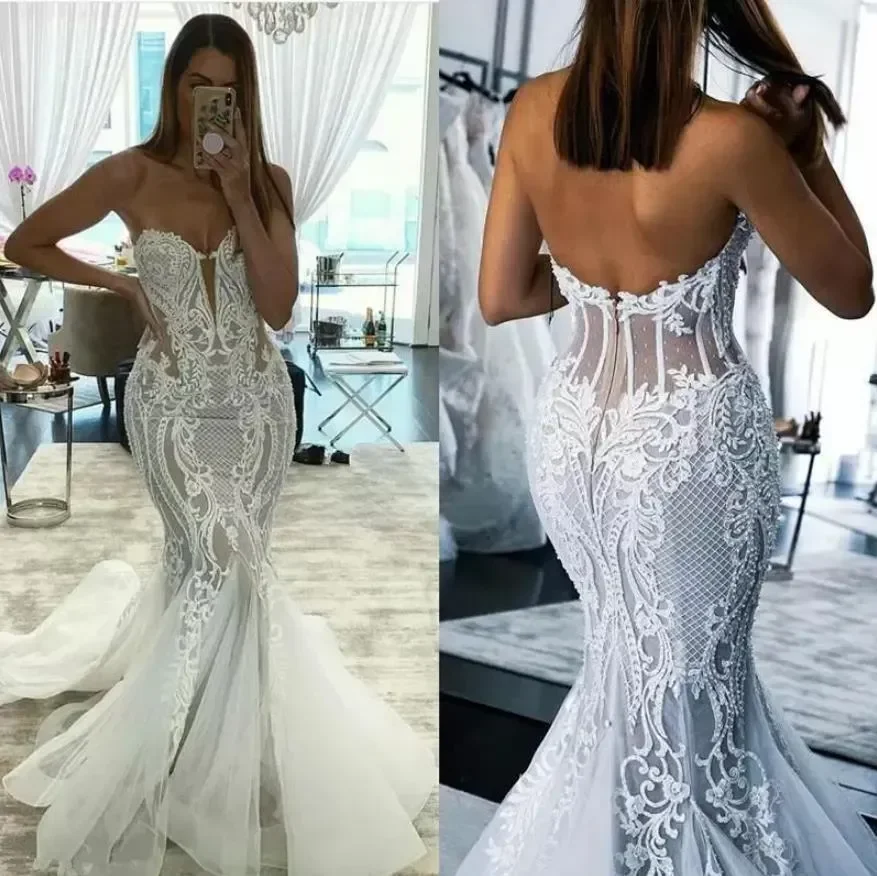 

2024 Mermaid Wedding Dresses Lace Applique Sweep Train Sweetheart Neckline Bridal Gowns Corset Back Vestidos De Novia Plus Size