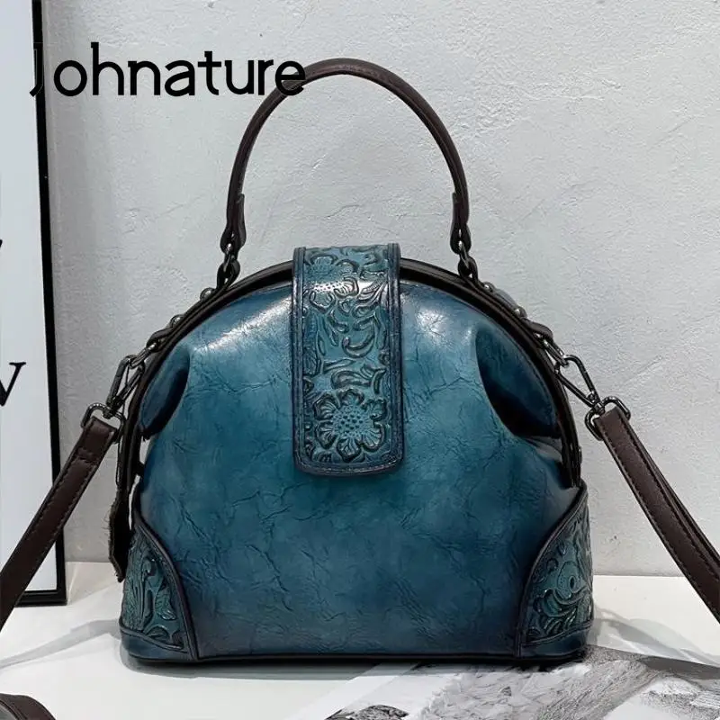 Johnature Retro Embossed Women Leather Bag 2024 New Versatile Leisure Handbag Large Capacity Shoulder & Crossbody Bags