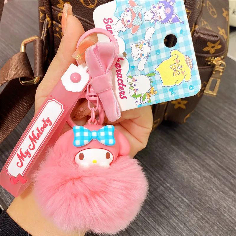 Sanrio Cartoon Kawaii Keychain Plush Charm Kuromi Hellokitty Fluffy Ball with Skull Bow Metal Ring for Keys Purse Anime Gifts