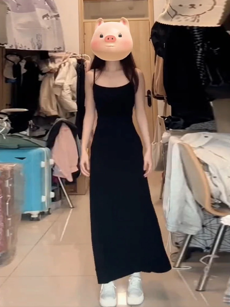 Bla Strapl Schlankmachendes Sommer-Dr. Sexy Hepburn Langes Kleid Damenmode Koreanisch Hohe Taille Polyesterfaser Baumwolle B...