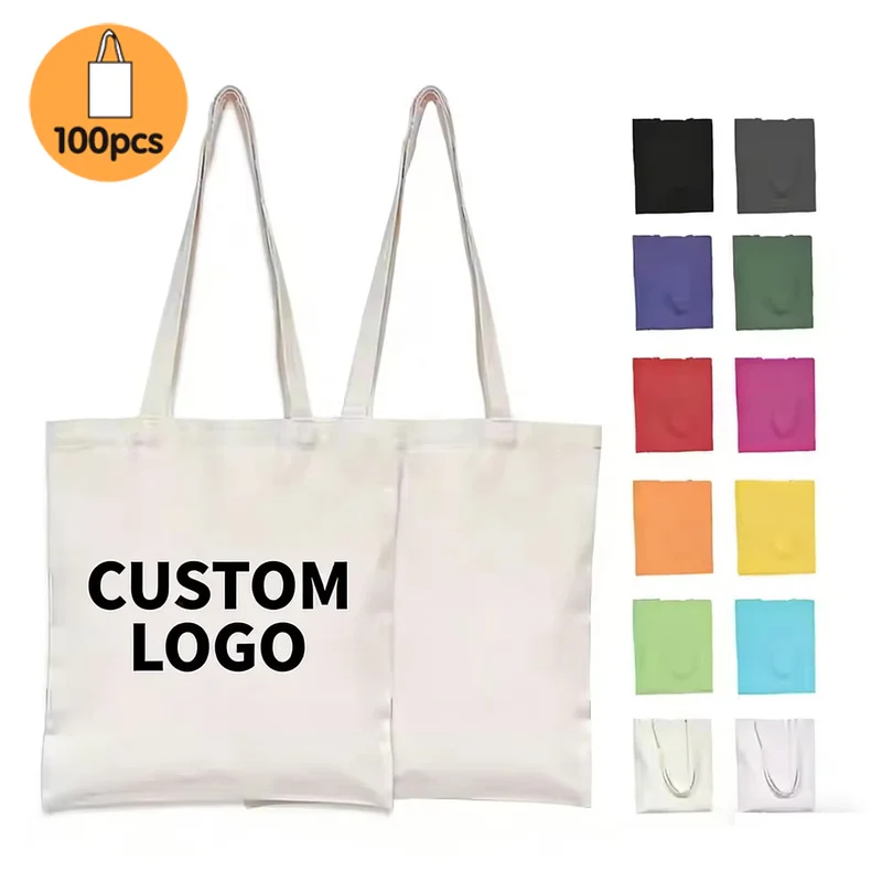 Venta al por Mayor de 100 Piezas/Lote, Bolsas de Tela de Algodón Reutilizables y Sostenibles con Logotipo Personalizado, Bolsas de Compras de Lona con Asas para el Hombro